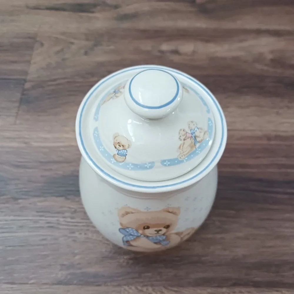 Tienshan Stoneware Teddy Bear Canister Jar with Lid Blue Bow Vintage Ceramic